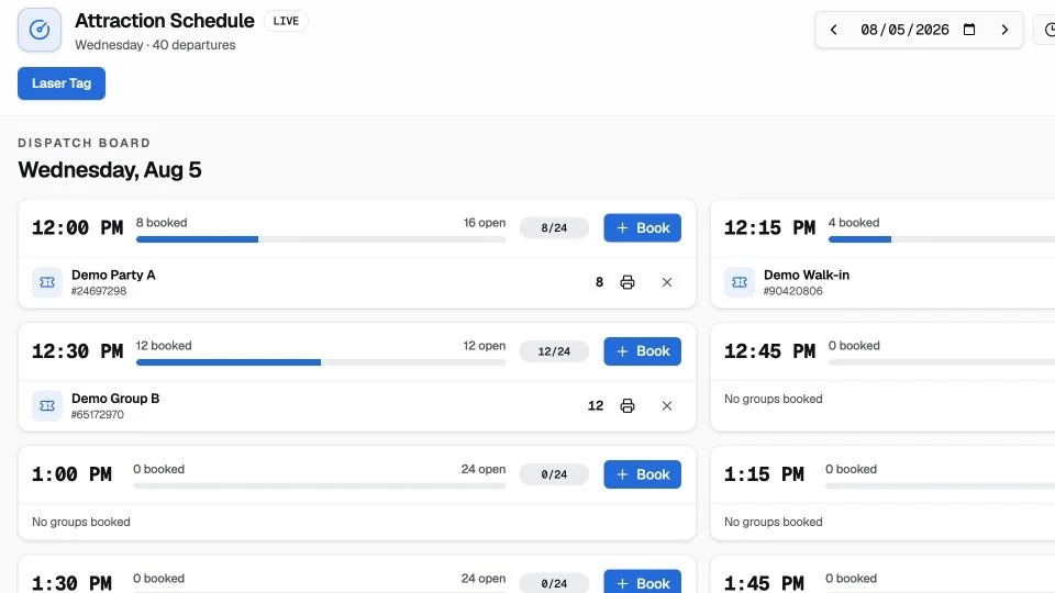 Attraction Schedule interface with fictional demo data