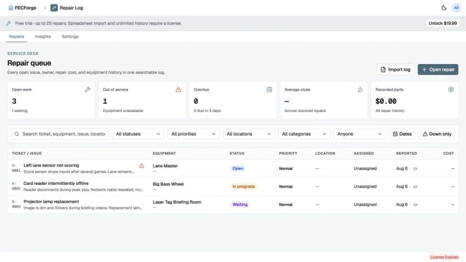 Repair Log interface with fictional demo data